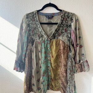 Bohemian Patchwork V-Neck Blouse